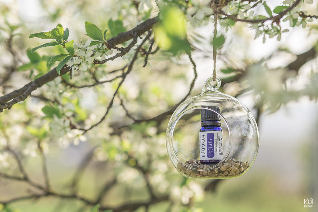 Zdjęcie przedstawia olejek eteryczny umieszczony w szklanej kuli wkomponowanej w liściach