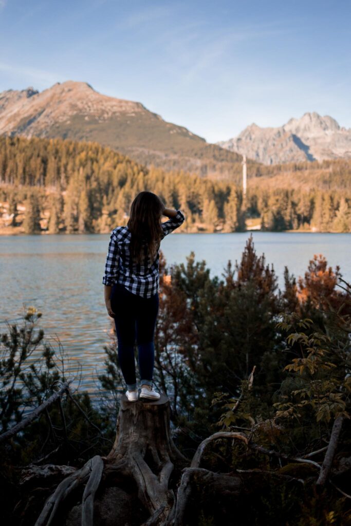 Kobieta stojąca przodem do jeziora i gór